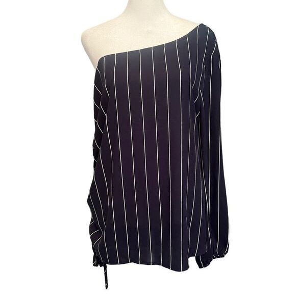 Belle Sky One Shoulder Pinstripe Blouse Size Large Blue & White - Picture 1 of 10